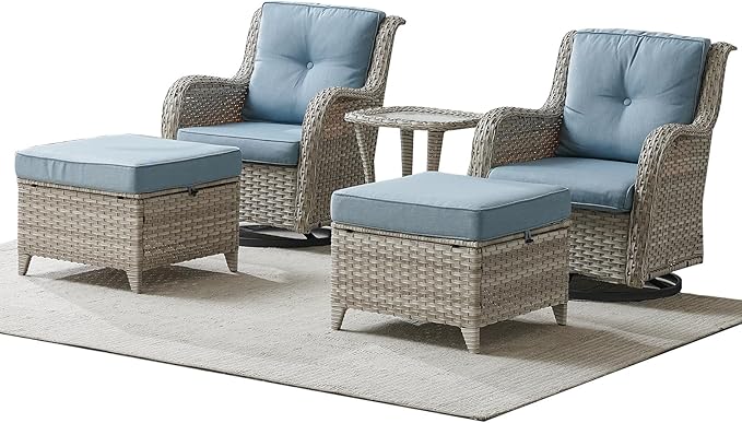 Patio Furniture Swivel Chairs Set - 5 Piece Rattan Wicker Outdoor Sectional Conversation Sets with 2 Swivel Rocking Chairs,2 Ottomans and 1 Side Table for Porch Deck Garden(Light Grey/Sky Blue)