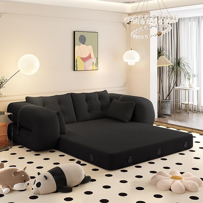 78.7" Convertible Sofa Bed, 3-in-1 Folding Floor Couch with 4 Pillows, Sleeper Sofa for Living Room and Guest Bed, No Assembly Required (Black, Teddy Fabric)