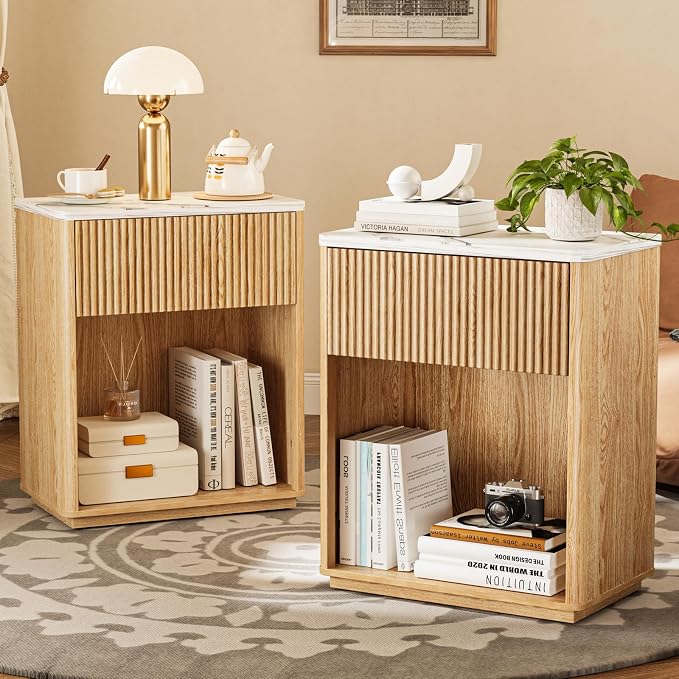 Modern Fluted Nightstand Set of 2 for Bedroom, Mid Century Bedside Table Set with Marble Top & Drawer, Wood End Table, 2 Farmhouse Night Stands for Guest Room, Hallway, Oak by Unknown