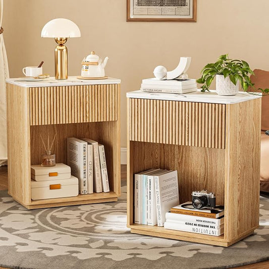 Modern Fluted Nightstand Set of 2 for Bedroom, Mid Century Bedside Table Set with Marble Top & Drawer, Wood End Table, 2 Farmhouse Night Stands for Guest Room, Hallway, Oak by Unknown