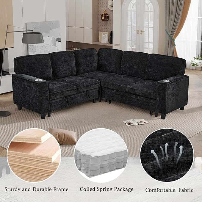KEIKI 81" L-Shaped Oversized Chenille Modular Sectional Sleeper Sofa with Pull-Out Bed, Storage Seat, Modern 5-Seater Upholstered Couch Bed with Charging Station, Easy Assembly, for Living Room, Black