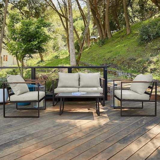 EAST OAK Courtyard Patio Furniture Set, 4-Piece Outdoor Patio Set with Sofa, Removable & Washable Deep Seating Cushion, Tempered Glass Table, Outside Patio Conversation Sets, Black & Dark Grey