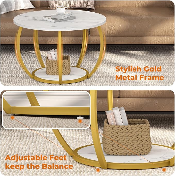 GreenForest Round Coffee Table with 2-Tier Open Storage, 27.6 inch Small Circle Coffee Tables with Adjustable Feet, Modern Mini Center Table for Small Living Room, White and Gold