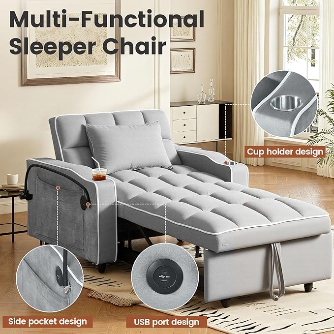 Convertible Sleeper Chair, Pull Out Chair Sleeper with Bracket and Cup Holder, Chairs Bed Sleepers for Adults, 3 in 1 Sofa Bed Chairs for Small Spaces, Living Room, Light Gray