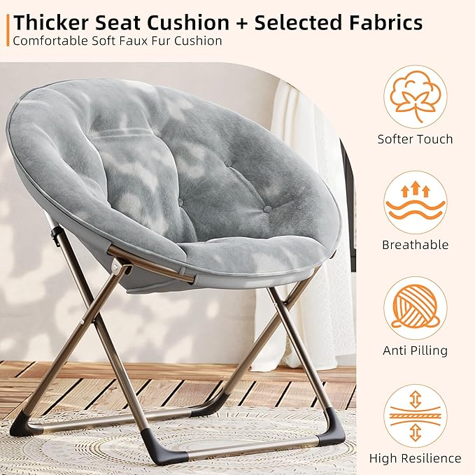 GAOMON Saucer Chair, Comfy Chair Faux Fur Lounge Moon Chair with Folding Metal Frame, Oversized Plush Flower Accent Seat for Adults, Teens & Kids, for Teens, Bedroom, Dorm or Living Room, Grey