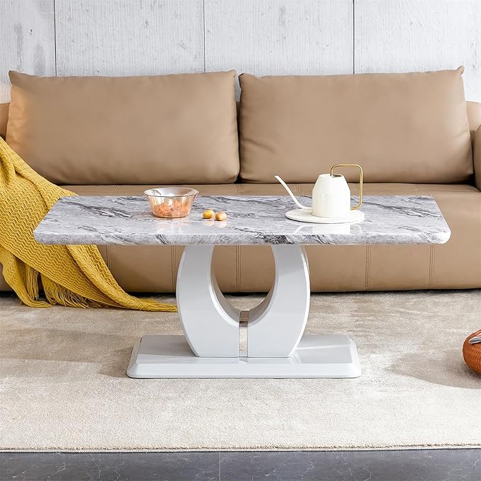 LKTART Rectangle Coffee Table for Living Room, Imitation Marble Coffee Tables with Storage, Modern Stable Base Accent Center Tea Table for Dining Room Small Space Apartment (43.3''L×22.4''W-Grey)