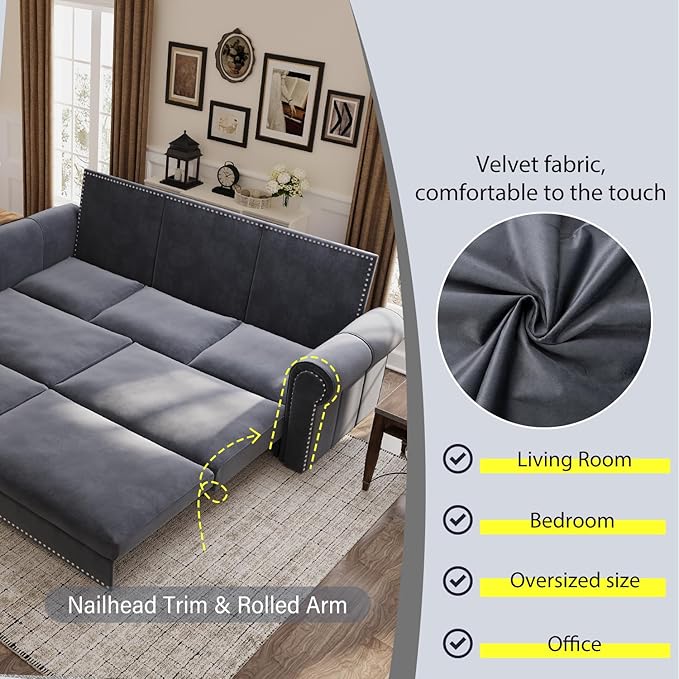 Eafurn 93.7" King Size Pull Out Sofa Bed, 3-in-1 Convertible Sleeper Sofa Couch Bed with Nailhead Decor and Rolled Arms, Velvet Oversized Chesterfield Loveseat Chaise Lounge