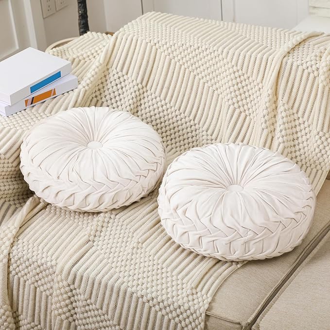 Beeveer 4 Pcs Round Throw Pillows 15 Inch Decorative Velvet Pleated Pumpkin Pillows Boho Floor Pillow with Center Button for Living Room Couch Chair Bed Sofa Home Decoration (Ivory)
