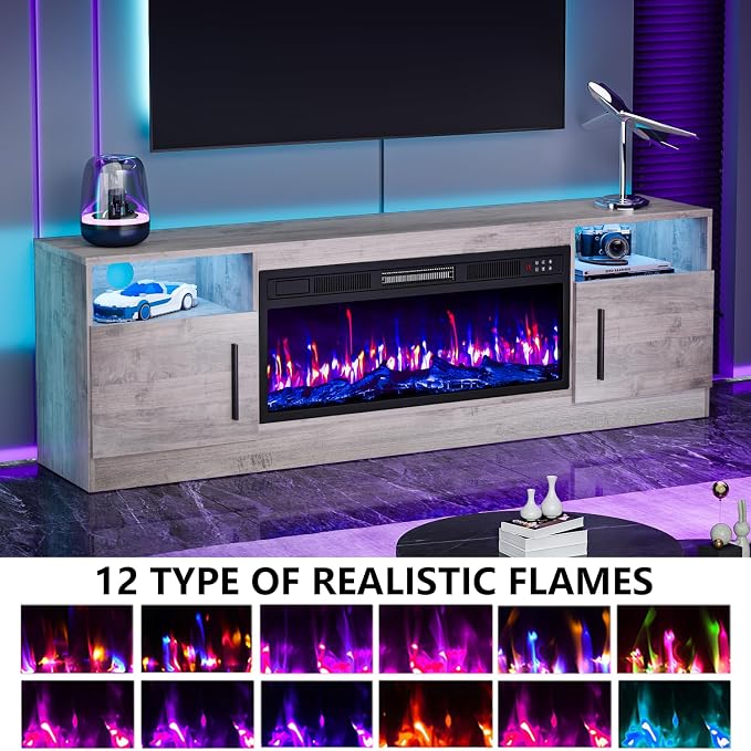 PRETZI Fireplace TV Stand with 36" Fireplace Up to 80" TVs, 70" Entertainment Center with LED Lights, Remote Control, TV Media Console with Storage Cabinets for Living Room, Gray - Image 3
