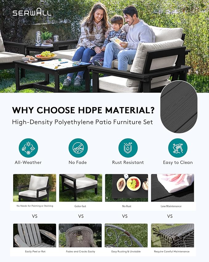 SERWALL HDPE Patio Furniture Set with 15FT Patio Umbrella, 7-piece Outdoor Sectional Sofa Set, All Weather Patio Couch Set for Deck, Black &Beige(Umbreall Base not Included)