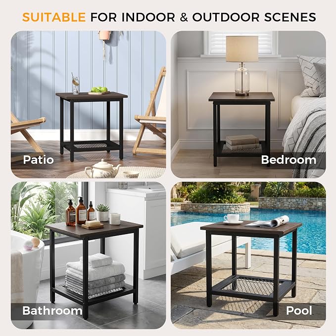 2-Tier Outdoor Side Table with Storage, Weather Resistant Patio End Table, HDPS Small Accent Table for Deck, Garden, Pool, Backyard, Brown - Image 5
