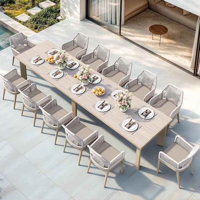 PURPLE LEAF 13 Pieces Patio Dining Set Aluminum Modern Rectangular Table and Rattan Arm Chairs with Cushions for Kitchen Porch Garden Outdoor Furniture Sets, Champagne by PURPLELEAF
