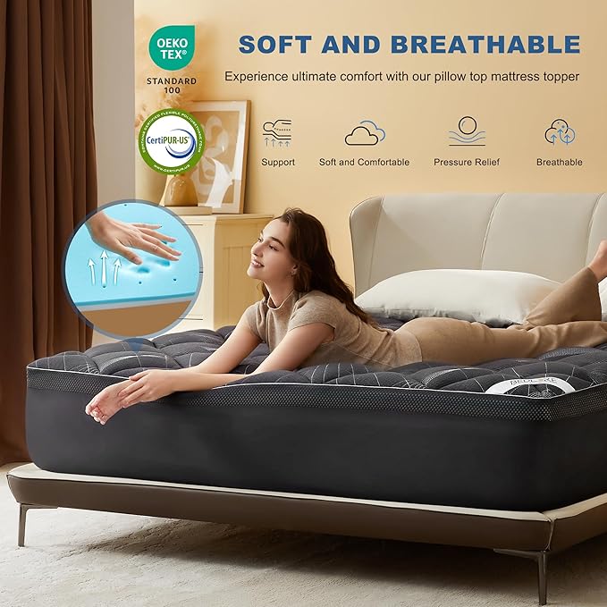 Bedlore 4-Inch California King Mattress Topper for Back Pain - Dual Layer Medium Support (2" Gel Memory Foam + 2" Cooling Fluffy Pillow Top Pad), Breathable & Pressure Relief (Gray)