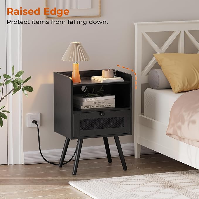 SUPERJARE Nightstand with Charging Station, Bedside Table with Texilene Surface Drawers, Rattan Side Table with Storage & Solid Wood Feet, End Table for Bedroom, All Black - Image 4