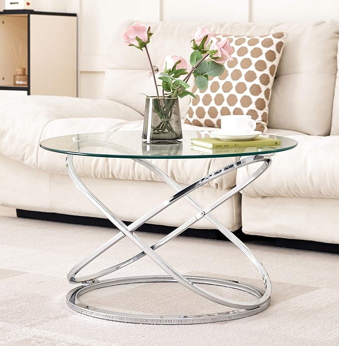 Modern Silver Round Glass Coffee Table – 26.7” Tempered Glass Top & Luxe Chrome Cross-Leg Base – Stylish Accent Table for Living Room, Apartment or Condo – Easy Setup – Space-Saving & Statement-Making