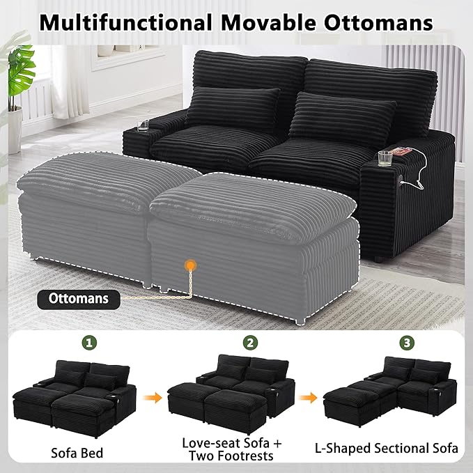 Modular Sectional Sofa Convertible Loveseat Couch,2-Seater Deep Seat Loveseat Sofas Fluffy Corduroy Cloud Couches with Movable Ottoman, Storage Armrest,USB Ports, Cup Holders