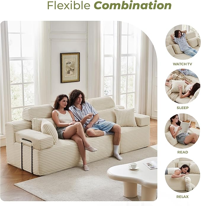 101" 3 Seater Sofa Cloud Modular Sectional Sofa with Chaise & Headrest, Boneless Deep Seat Plush Corduroy Couches for Living Room, No Assembly Required (White, 101" 3 Seater)