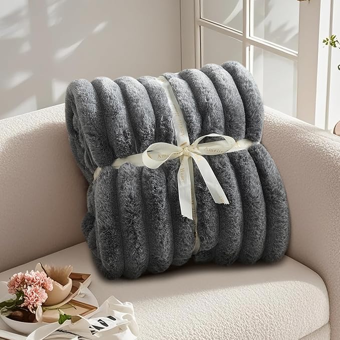 Amélie Home Faux Fur Throw Blanket for Couch, Ultra Cozy Fuzzy Fluffy Fur Luxurious Soft Striped Plush Gift Blankets for Family Sofa Chair Bedroom, 60"x80", Cationic Wolf Gray