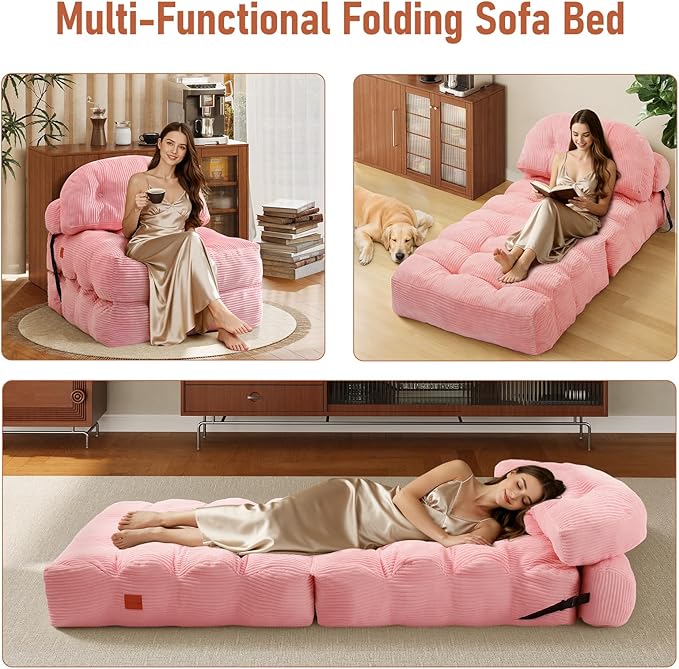 Folding Sofa Bed, Convertible Sleeper Chair with Back Support and Pillow Futon,Boneless Foldable Couch for Living Room/Guest Use/Home Office, Foldable Chair Bed for Adults, Pink