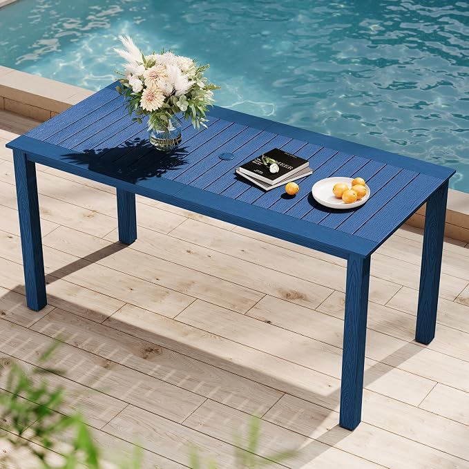 YEFU Outdoor Dining Table for 6: All Weather Rectangular Patio Table with Umbrella Hole and Aluminum Frame - Outdoor Furniture for Outside Backyard/Garden/Pool/Porch/Deck, 300lbs Capacity, Blue by YEFU