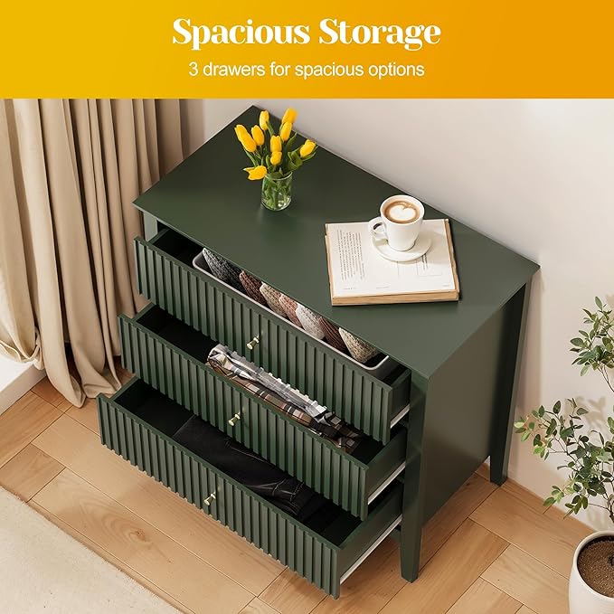 May in Color Large Green Fluted 3 Drawer Dresser Set of 2, Chest of Drawers with Ball Bearing Slide Modern 30 inch Tall Wood Nightstand with Spacious Storage for Bedroom Hallway Living Room Entryway - Image 3