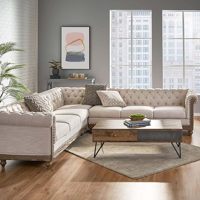 Merax Chesterfield Sofa, Retro Upholstered 6 Seater Rolled Arm Couch for Living Room Bedroom Office, Beige