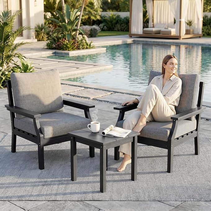 HDPE Patio Conversation Set, 3-Piece All Weather Outdoor Furniture Set with 2 Single Sofas for Deck, Lawn, with Cushion, Black
