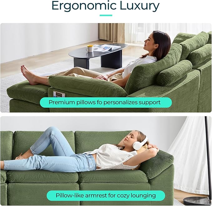 LINSY HOME Modern Boneless Cloud Couch Set with Movable Ottomans, Deep Seat Corduroy Secional Sofa Couch Sets for Living Room, Apartment, Office, No Assembly Required, Green