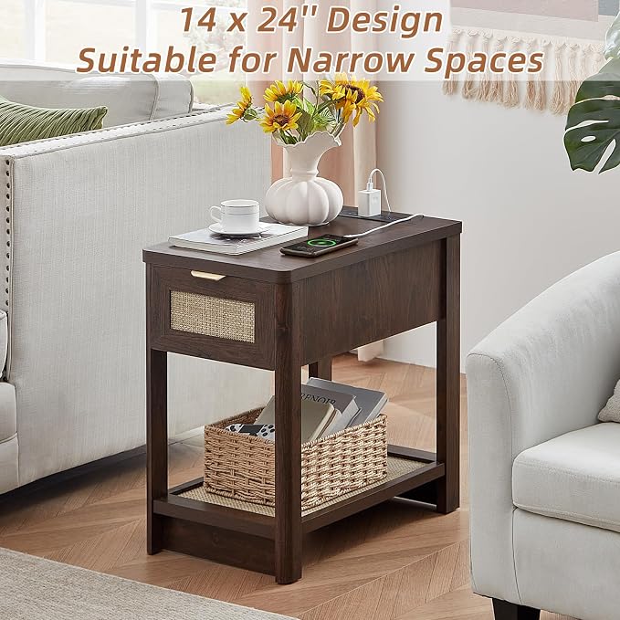 Lerliuo Narrow Night Stand Set of 2 with Charging Station, Boho Nightstand with Drawer, Bed Side End Table with Rattan Shelf for Small Spaces, Wood Nightstands Bedside Tables for Living Room Bedroom - Image 7