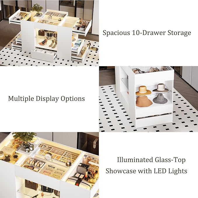Kikihouse Modern Closet Island with 10 Drawers, LED Wardrobe Armoire Island with Glass Top, Luxury Walk-in Closet Island Storage Cabinet with Display Shelf for Cloakroom, Dressing Room (White)