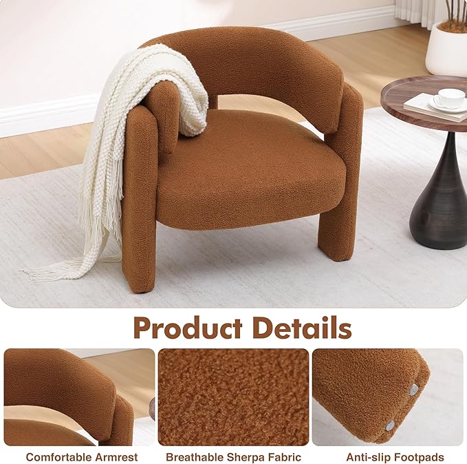 Accent Chair for Living Room, Modern Sherpa Barrel Chair, Upholstered Living Room Chairs with 3 Legs, Comfy Armchair Reading Side Chair for Bedroom, Office, Apartment, Brown