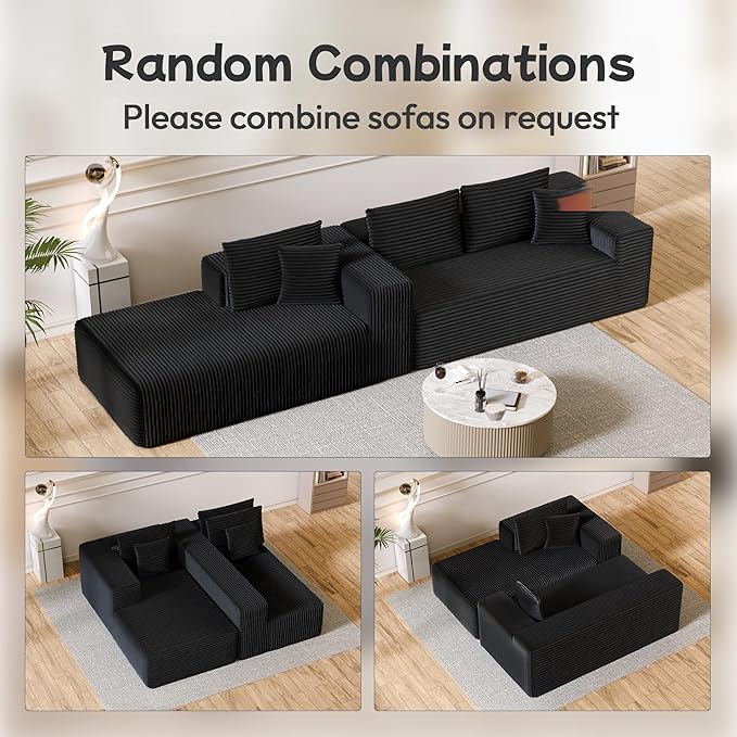 104” Sectional Cloud Couch, L-Shape Compressed Sofa with Right Chaise Lounge, Modern Modular Cloud Couches with 2 Pillows & Deep Seat, Flannel Velvet Floor Sofa for Living Room, Black