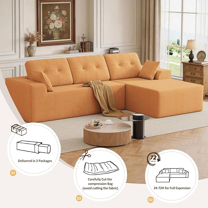 Ball & Cast 106'' Modular Sectional Boneless Couch for Living Room, Convertible Chenille Modern L Shape Couch with Pillows, Comfy 27''Deep Seat CompressionSofa,No Assembly,Right Facing(Orange)