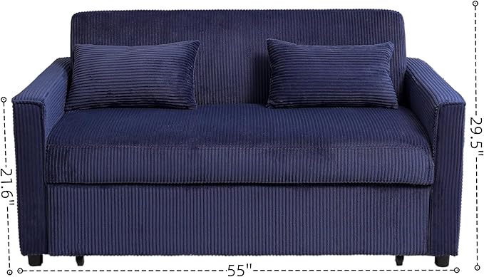 Ball & Cast 55" 3 in 1 Loveseat Futon Sofa-Bed,Convertible Pull Out Couch,Corduroy Upholstered Sleeper Sofa Bed with Adjustable Backrest,Side Pocket and 2 Pillows,Chaise Lounge for Living Room,Blue