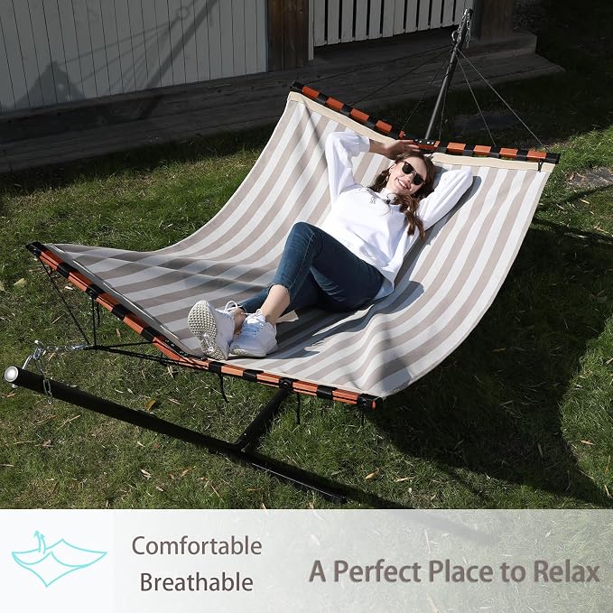 TegerDeger 12FT 2 Person Hammock Large Hammock Quick Dry 450LB Capacity with V Shaped Hardwood Spreader Bar & Nylon Rope for Outside, Patio, Garden, Backyard, Beach, Poolside - Beige Stripes - Image 2