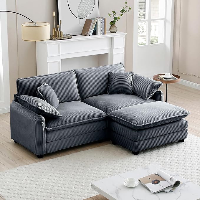 KEIKI 81" L-Shaped Oversized Corduroy Modular Sectional Loveseat Sofa with 1 Ottoman, High-Density Foam Cushions, Removable Armrests, Upholstered 2-Seater Couch with 4 Pillow, for Living Room, Grey