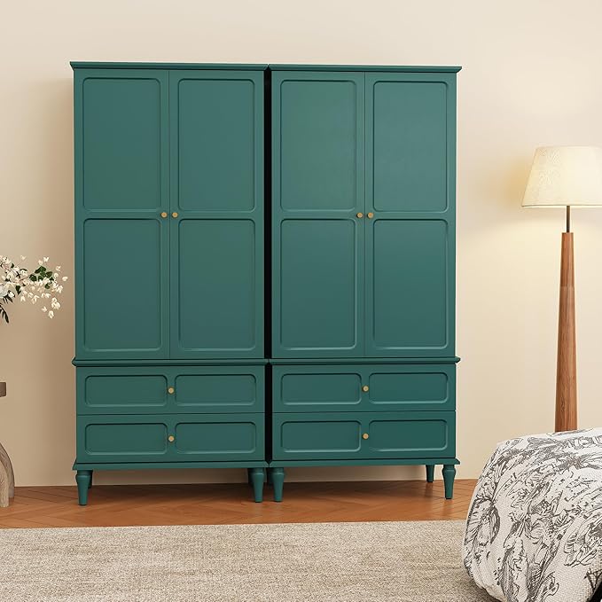 HLR 71" Mid-Century Modern Armoire Wardrobe Closet with Doors and Drawers,Wooden Armoire Storage Cabinet with Hanging Rod for Bedroom,Large Capacity Storage,Green