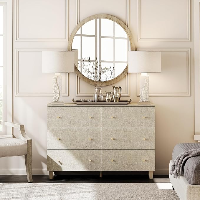 WAMPAT Dresser and Nightstand Set of 2, 47.2 Inches Wood Dresser with 6 Drawers, 1 Piece Nightstand with Drawers and Charging Station, Bedroom Furniture Set, Beige