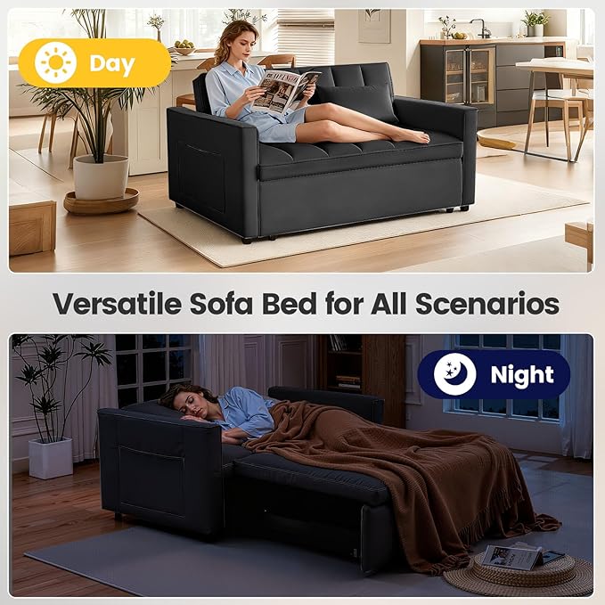 3 in 1 Convertible Sofa Bed, Love Seat Sleeper Bed with Side Pockets, Velvet Fabric Pull Out Couch with Adjustable Backrest for Living Room, Bedroom, Apartment, Black