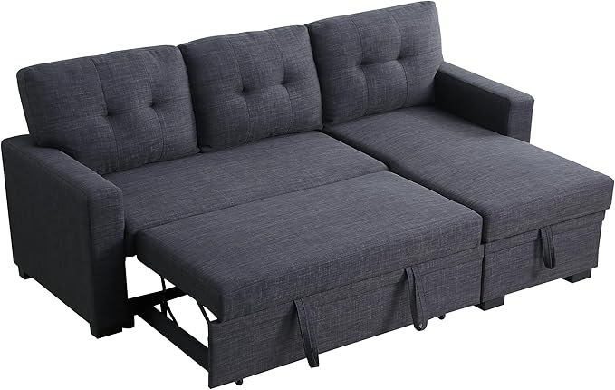 ERYE 82-inch Pull Out Sleeper Couch Bed, L-Shaped Reversible Sleeper Sectional Sofa Linen Blend Tufted Upholstered Corner Convertible Sofa Bed with Storage Chaise