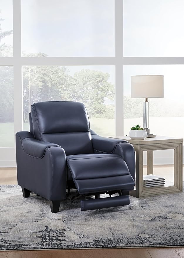 Signature Design by Ashley Mercomatic Contemporary Power Recliner with Adjustable Headrest and USB-C Fast Charging, Leather, 20.63" Seat Height, Blue