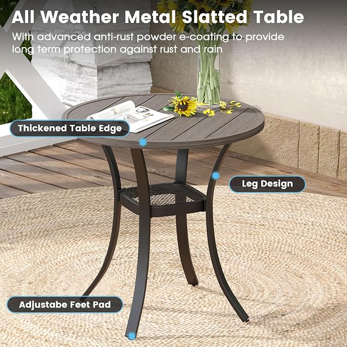 DIFY 3 Piece Outdoor Dining Set for 2, Patio Furniture Set of Small Round Metal Dining Table and 2 Textilene Stackable Patio Chairs, for Garden Porch Deck, Grey Wood-Like Tabletop & Grey Chairs - Image 2