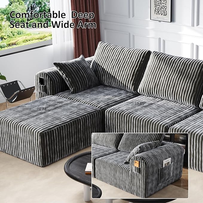 106" Boneless Couches for Living Room, Modular Sectional Sofa, L-Shape Sofa Couches,Cloud Couch Sectional, Comfy Corduroy Sofa, with Deep Seat, No Assembly Required (Gray, 3 Seater + 1 Ottoman)