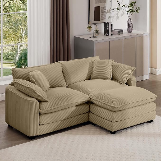 KEIKI 80" L-Shaped Oversized Corduroy Modular Sectional Loveseat Sofa with 1 Ottoman, High-Density Foam Cushions, Removable Armrests, Upholstered 2-Seater Couch with 4 Pillow, for Living Room, Tan