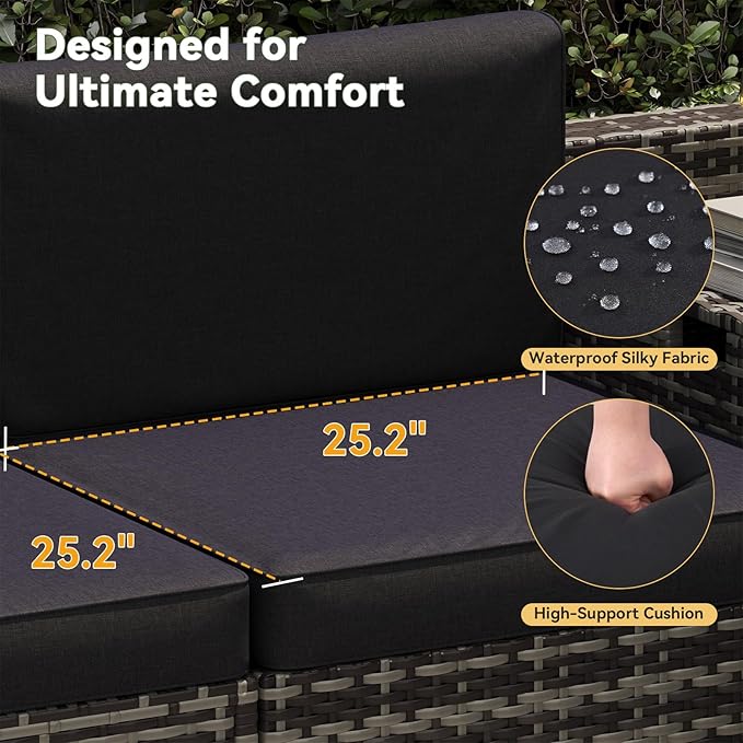 Aoxun 8 Piece Patio Furniture Set, Wicker Rattan Outdoor Furniture Set with Storage Box and Glass Top Table, Patio Sectional Set with Thickened Cushions and Include Waterproof Cover (Grey & Black)