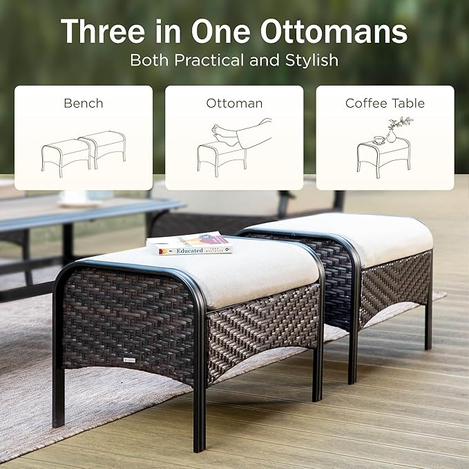 Patio Furniture Set with 56" Fire Pit Table, Premium Outdoor Wicker Metal Frame Furniture with Upgraded Waterproof Thick Cushions for Porch, Poolside, Deck, and Yard （7 Pieces,Beige）
