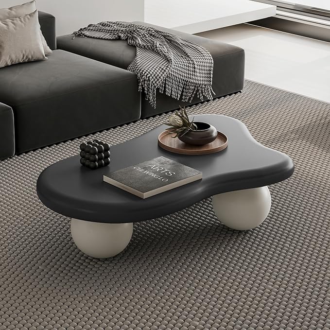 40” Cloud Coffee Table with 3 Ball Legs, Modern Irregular Center Table for Living Room, Low Cute Small MDF Tea Table for Bedroom, Space Apartment-Black White