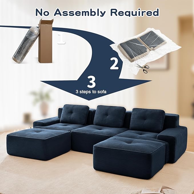 Casaphoria 115'' Blue Modular Sofa Set, 3-Seat U-Shaped Corduroy Couch with 2 Ottomans for Large Living Room No Assembly Required Deep Seat Sectional Couch