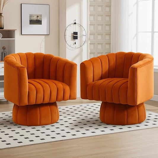 Swivel Accent Barrel Chair Set of 2- Cute Comfy Small Round 360° Arm Chair Velvet Sofa Club Reading Chair for Living Room Bedroom Office Orange