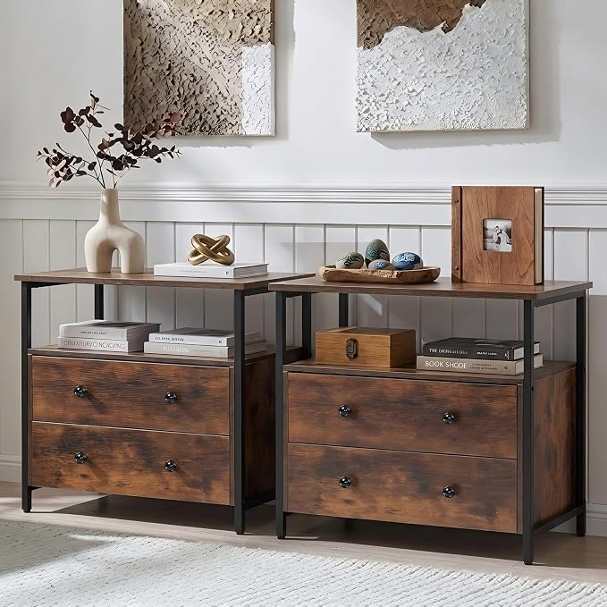 Edbuosy 27 inch Wide Night Stand Set 2 with Charging Station, Bedside Table with Open Shelf, 2 Drawers Small Wood Dresser, Modern Wood Nightstand for Bedroom/Living Room (Retro Brown) by Edbuosy
